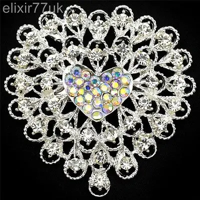 New Large Silver Heart Flower Brooch Diamante Crystal Wedding Party Cake Broach • £6.64