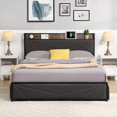 Queen Size Bed Frame W/ Storage Headboard Charging Station & 4 Drawers Interior • $239.99