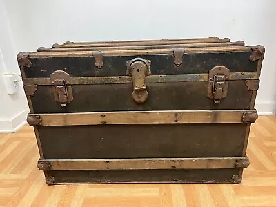 Vintage WOOD STEAMER TRUNK Tray Chest Coffee Table Storage Box Antique Old Loft • $125