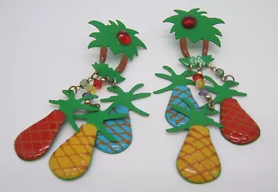 Vintage Long Dangle Earrings Palm Trees Pineapples Enameled • $12