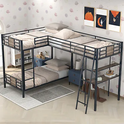 L-Shaped Loft Bed Twin Over Full Triple Bunk Bed Heavy Duty W/ Desk Metal Frames • $529.99