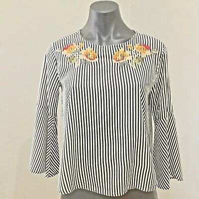 $20 • Buy Pull And Bear Size 8 Top Womens Striped Embroidered Detail Bell Sleeves EUC