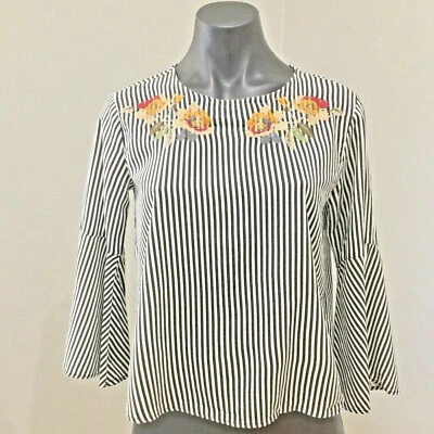 $20 • Buy Pull And Bear Size 8 Top Womens Striped Embroidered Detail Bell Sleeves EUC
