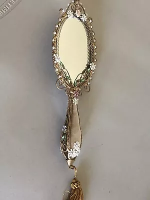 Vtg Intricate Ornate Bronze Gilded Vanity Hand Mirror Fabric Rhinestones Tassel  • $120