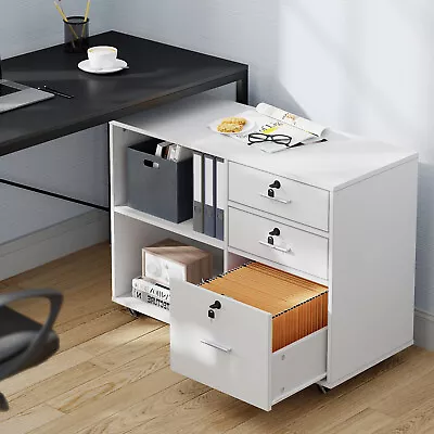 White File Cabinet Wood 3 Drawer Mobile Lateral Stand Filing Cabinet W/ Shelves • $100.99