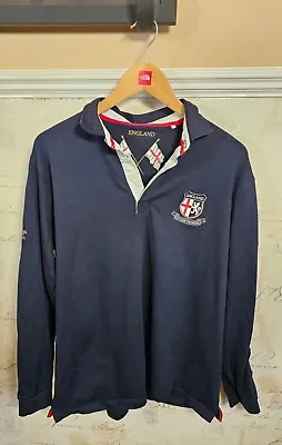 Cotton Traders England Rugby Polo Shirt Men's Large Blue Long Sleeve Embroidered • £17.99