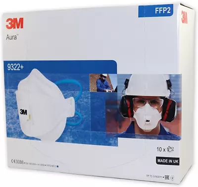 3M Face Mask FFP2 Surgical Medical Industrial Mask AURA 9322+ 10 Pack NEW • £14