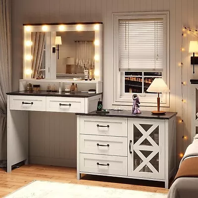 Makeup Vanity Desk With Large Mirror&Lights Glass Top Vanity Table With Drawers • $245.97