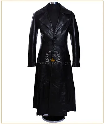 Men's Dracula Black (SR2005) Smart Full-Length Lambskin Leather Long Blazer Coat • $273.91