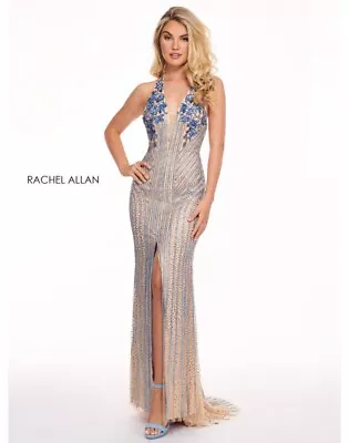 Rachel Allan Long Prom Gown Dress 6404 Periwinkle Blue Halter Beaded Size 12 NWT • £144.62