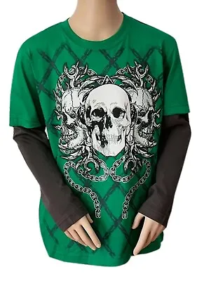 £10.99 • Buy Boys Flipback Green Skull Print Layer Long Sleeved Cotton Top T-shirt. 9-16years
