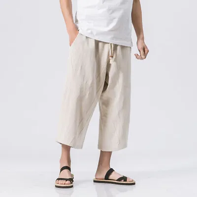 Mens Summer Casual Capri Loose Pants 3/4 Plain Linen Shorts Trousers Plus Size • $23.03