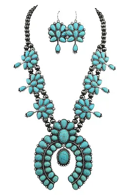 $35.95 • Buy Southwestern Faux Turquoise Squash Blossom Statement Necklace & Earrings Set