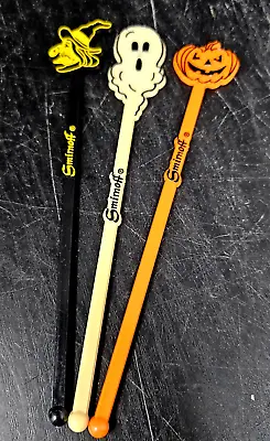 THREE Smirnoff Halloween JOL Pumpkin Witch Ghost Swizzle Stir Sticks Vintage NOS • $15.04