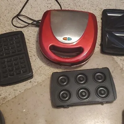 Red 4 In 1 Waffle Iron Grill Sandwich Press Donut Maker • $42