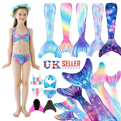 Kids Mermaid Tail With Monofin Swimmable Bikini Set Costume Swimming Swimsuit UK • £19.98