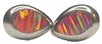 Vintage Sterling 925 Mexico Pink Fire Opal Inlay Teardrop Stud Earrings 2G • $29.66