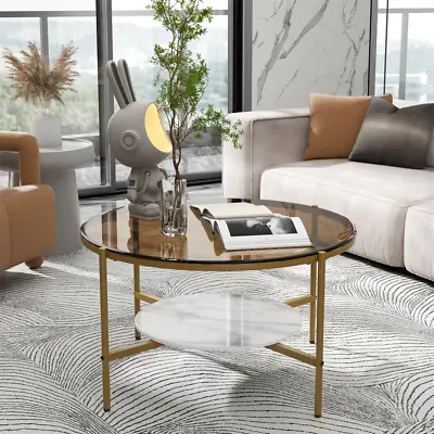 Heavy Duty Coffee Table Modern Tempered Glass Top Marble Storage Shelf Metal Leg • $179.90