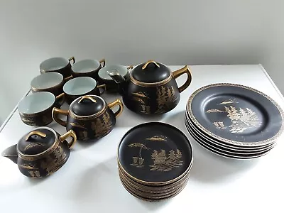 Vintage H.f.t.c Black & 24k Gold Lithophane Geisha Eggshell Tea Set. H/painted. • $600