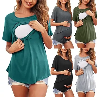 Summer Women's Maternity Nursing Tops Short Pregnancy Breastfeeding Solid Shirt • $21.97