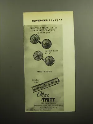 1958 Olga Tritt Jewelry Ad - Boutons Manchettes Et Le Fixe-cravate • $19.99