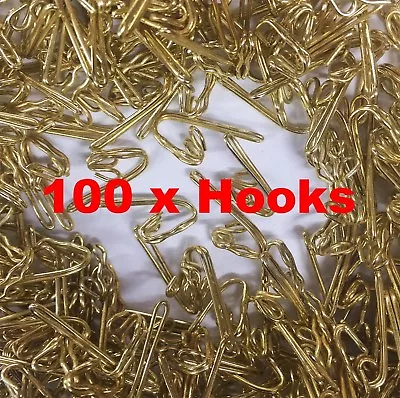 BRASS CURTAIN HOOKS X 100 NEW SOLID METAL STEEL HEADER TAPE PENCIL PLEAT RAILS • £4.99