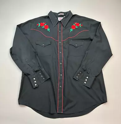 Vintage Ely Diamond Shirt Mens XL Black Red American Rose Pearl Snap Cowboy • $34.95