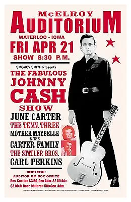 $12 • Buy HOT! Johnny Cash At The McElroy Auditorium In Iowa Concert Poster 1967  15x23