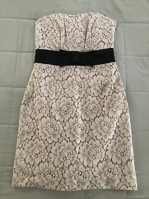 H&M Dress Sz 6 Cream Floral Lace Black Bow Strapless Party Formal Homecoming • $14.95
