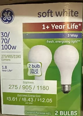 GE 3-Way 30/70/100 Watt A21 Soft White Light Bulbs Lamp - 2 Pack • $16.49