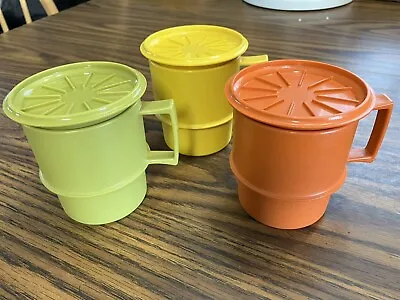 Vintage Tupperware Coffee Mug Set Of 3 # 1312 Lids Lot Harvest Colors Stackable • $15.50
