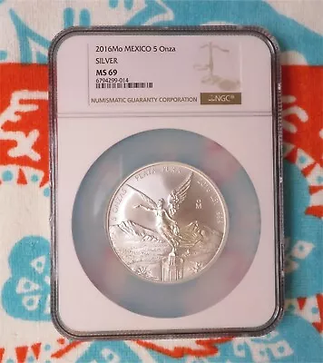 2016 Mexico Libertad Onza Pura Plata 5 Oz .999 Silver Coin NGC  Graded MS69 • $282