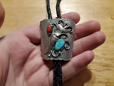 Vintage Native American  Silver & Turquoise & Coral Bolo Tie Sun Marking • $65