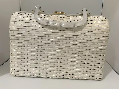 Vintage Wicker Purse Handbag Lucite Round Handle Hinged White 1960s Mid Century • $20