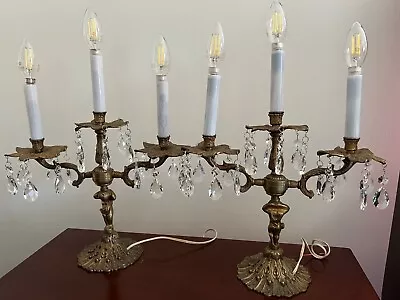 Vintage Pair Mid Century Cherub Lamps 3-Tier With 6 Glass Prism Crystals 18 Per • $150