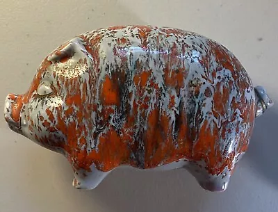 Stoneware Piggy Bank Vintage 1967 Orange/Gray Hand Painted • $13.49