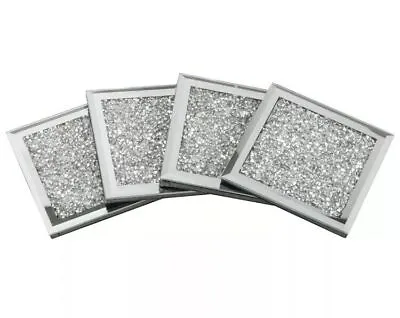 Set Of 4 SPARKLY Square Silver Mirrored Crushed Crystal Coasters KITCHEN BLING✨ • £10.49