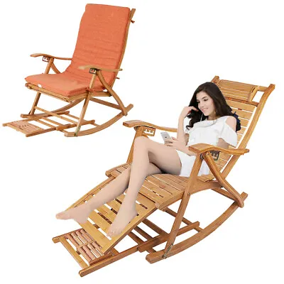 Foldable Bamboo Adjustable Rocking Chair Sun Lounger Recliner Outdoor Deck Patio • $139.93