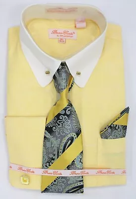 Men's Bruno Conte Yellow And Ivory Classic Fit French Cuff Shirt Set • $59.99