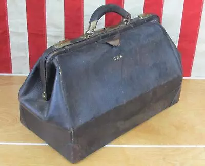 Vintage Antique Black Leather Doctors Bag Large Cowhide Medical 1890s-1900s • $159