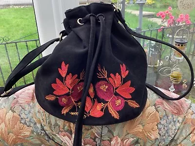 Matalan Black Lined Embroidered Suede Look Shoulder Bag Handbag Rucksack • £2.99