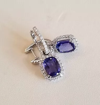 4Ct Cushion Cut Lab Created Tanzanite Halo Dangle Earrings 14K White Gold Plated • $116.19