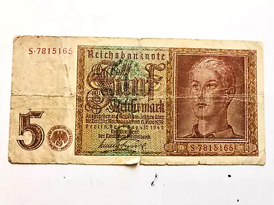 1942 Germany  Aryan Teen  5 Reichsmark  5 Mark  Banknote 7 Digit S 7815165 • $8