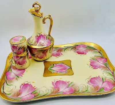 Antique Pickard Limoges France Vanity Dresser Tray Set Pink Crocus Heavy Gold • $174.99