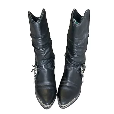 Vintage 80s/90s Zodiac Silver Tone Black Leather Slouch Cowboy Boots 8.5 • $65