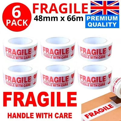 6 X Fragile Packaging Parcel Packing Strong Tape 48mm X 68m Box Sealing Rolls • £8.45