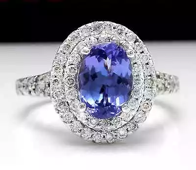 4.00 Carats NATURAL TANZANITE And DIAMOND 14K Solid White Gold Ring • £1406.47