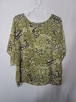 Dana Kay Green Floral 3/4 Sleeve Round Neck Lined Blouse Women's Size 16W VTG • $12.99