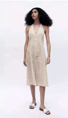 Zara Linen Blend Ecru/Cream & Brown Polka Dot Halterneck Midi Sun Dress Large  • £19.99