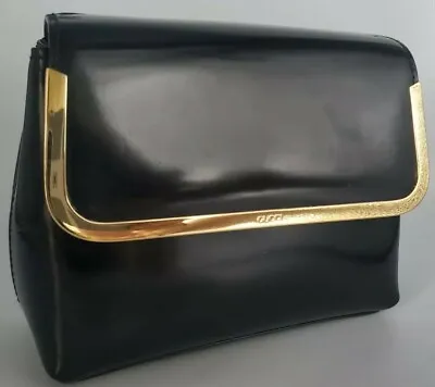 Vintage Gucci Clutch Purse Handbag Black Patent Leather Gold Trim  & Superb Cond • $385
